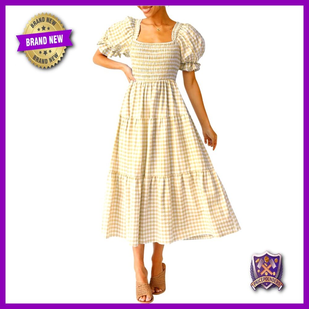 Bohemian Plaid Square Neck Puff Sleeve Midi Dress Flowy Ruffle Beach